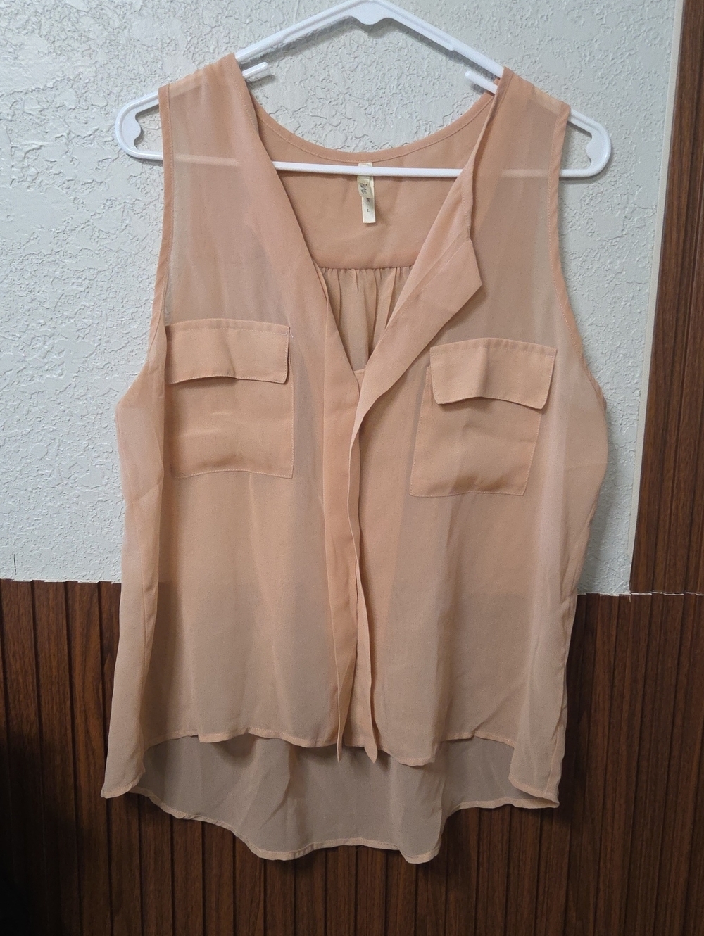 Sleeveless Sheer Pocket Blouse - Nude Peach Large Sz [1340].